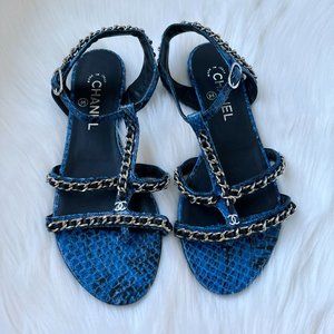 Chanel Women's Blue Snake Chain Thong Flat Sandal Size 38.5
